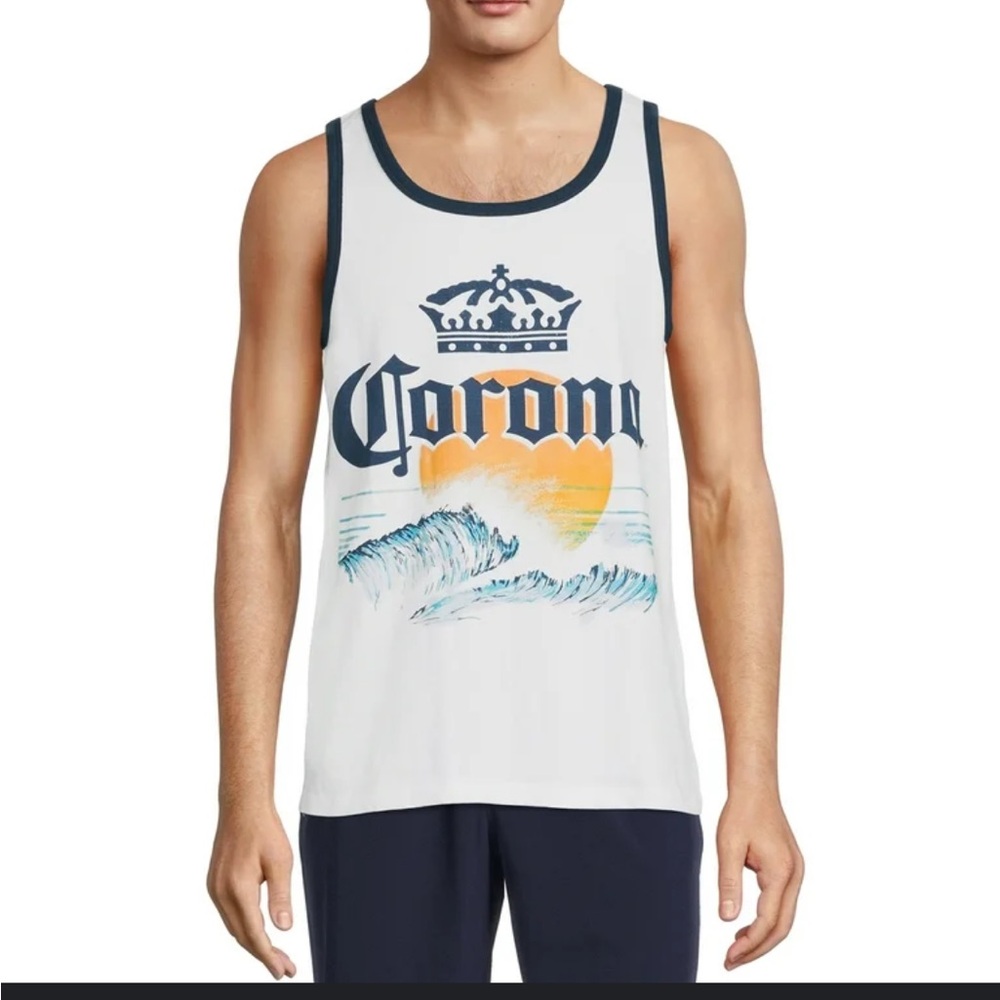 Corona Men's White and Blue Beach Graphic Tank Top